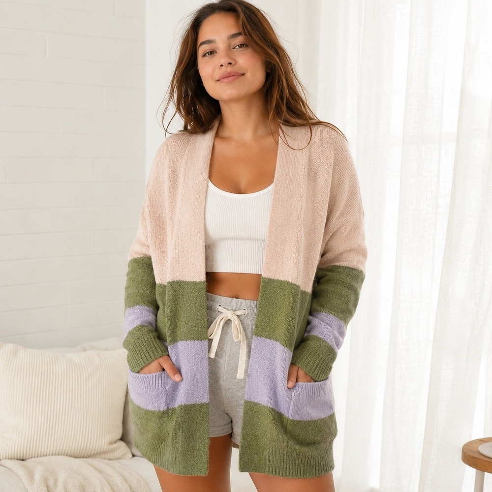 Gold Ray Cardigan‎ Pink Green Purple Colorblock Open Front Sweater Pocket L